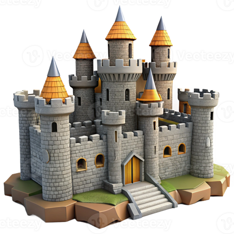 elegant contemporary A crumbling medieval castle, stone walls and towers, overcast sky, historical and dramatic style high quality png