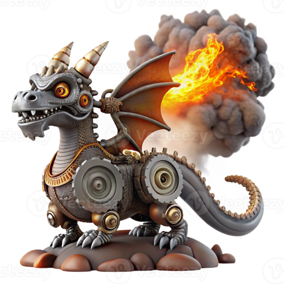 vibrant abstract A steampunk dragon, crafted from gears and cogs, breathing steam and fire, illuminated by the dramatic light of a volcanic eruption. Volcanic lighting, fantasy art style detailed png