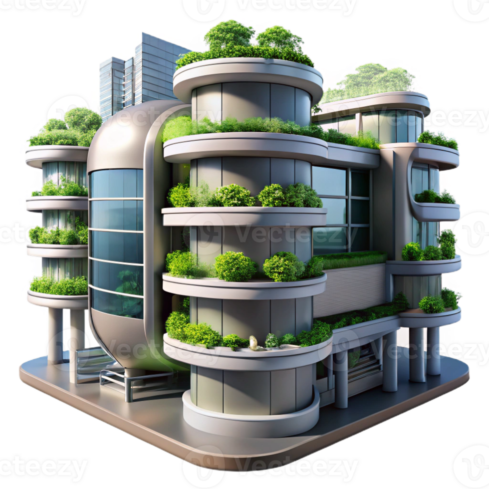 dramatic minimalist A futuristic apartment complex with vertical gardens, lush greenery and sleek metal, bright daylight, eco-futuristic style exclusive png