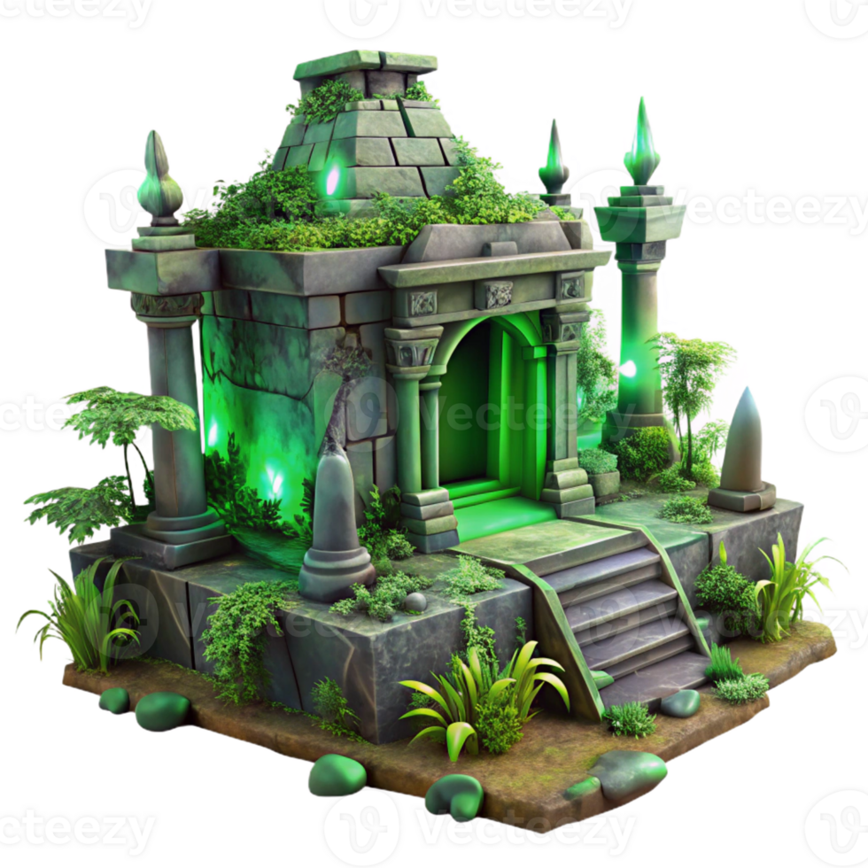 vibrant contemporary A crumbling ancient alien temple, overgrown with strange vegetation, eerie, green lighting, fantasy art style detailed png
