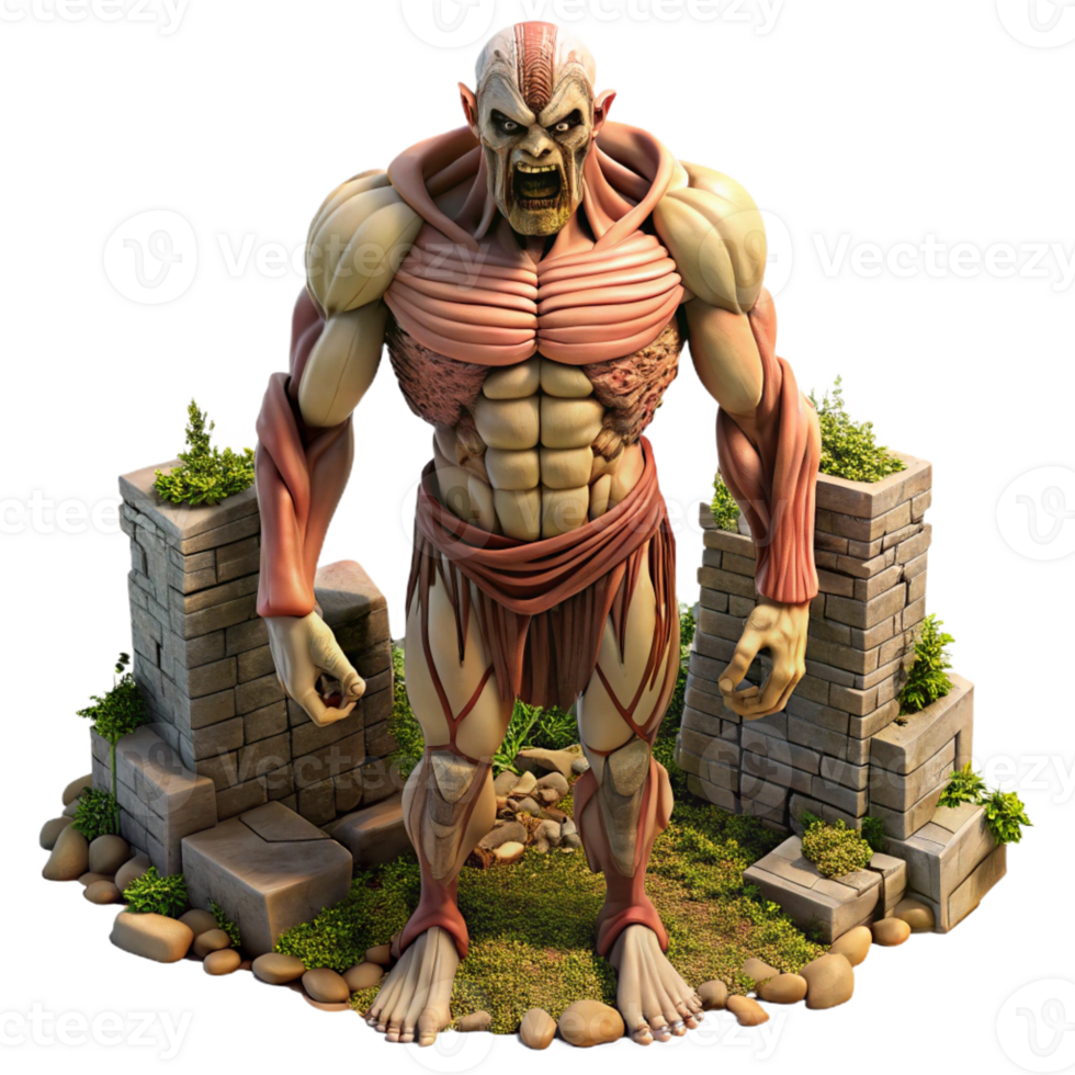 stunning creative A colossal titan made of stone and vines, standing amidst a crumbling city, dramatic lighting, matte painting professional png
