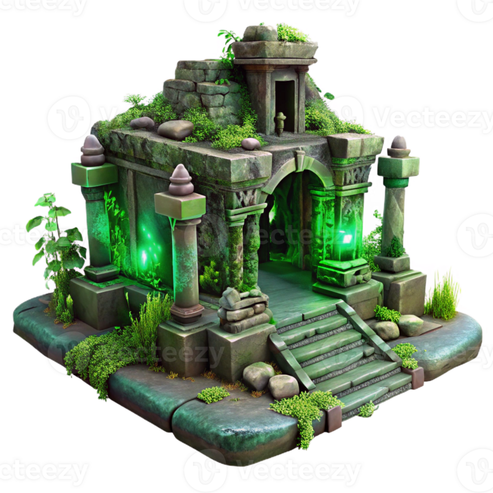 beautiful artistic A crumbling ancient alien temple, overgrown with strange vegetation, eerie, green lighting, fantasy art style high resolution png