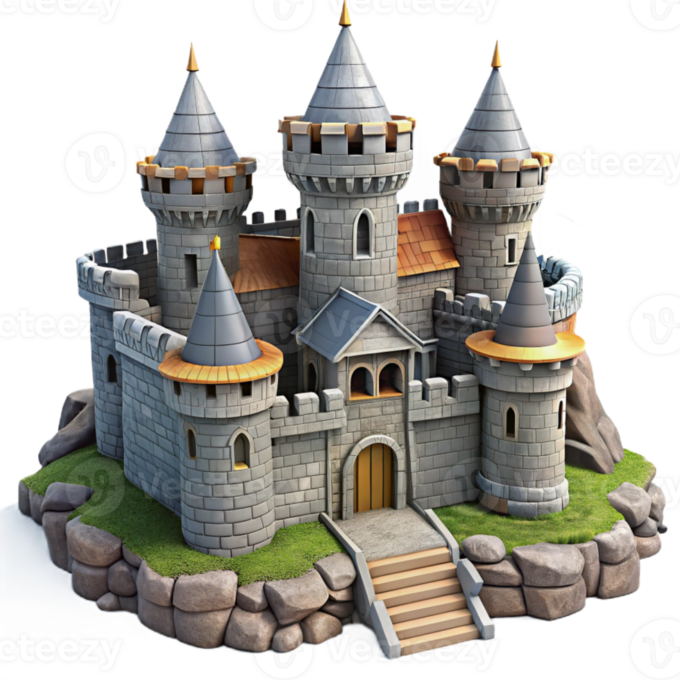 wonderful classic A crumbling medieval castle, stone walls and towers, overcast sky, historical and dramatic style high quality png
