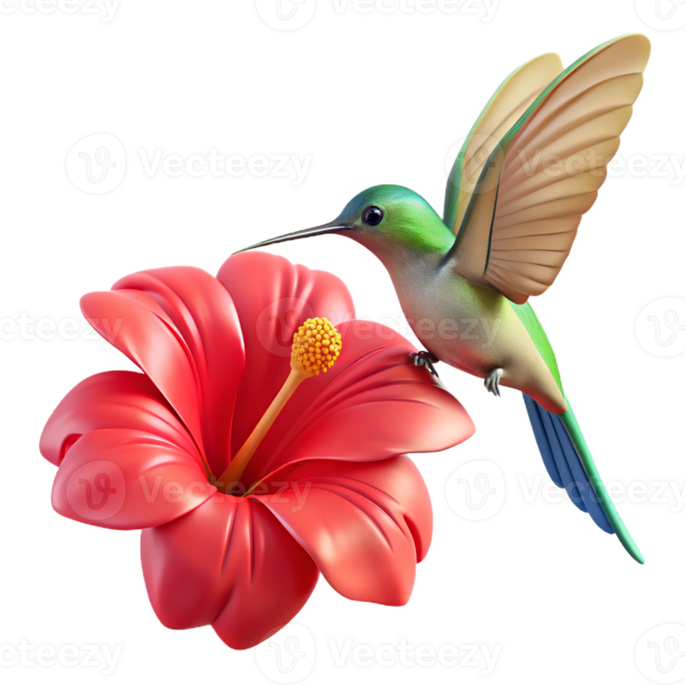 serene creative A delicate hummingbird hovering near a bright red hibiscus flower, detailed illustration, soft lighting authentic png