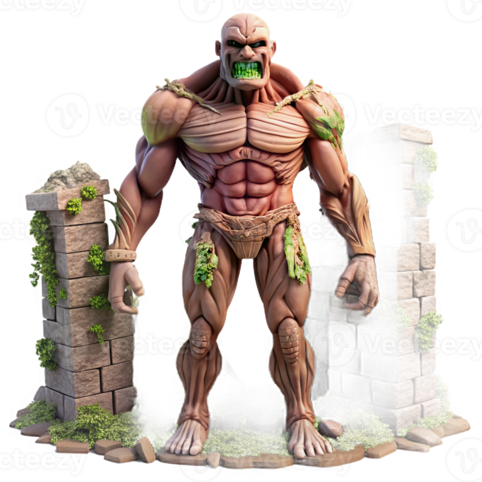 extraordinary contemporary A colossal titan made of stone and vines, standing amidst a crumbling city, dramatic lighting, matte painting genuine png