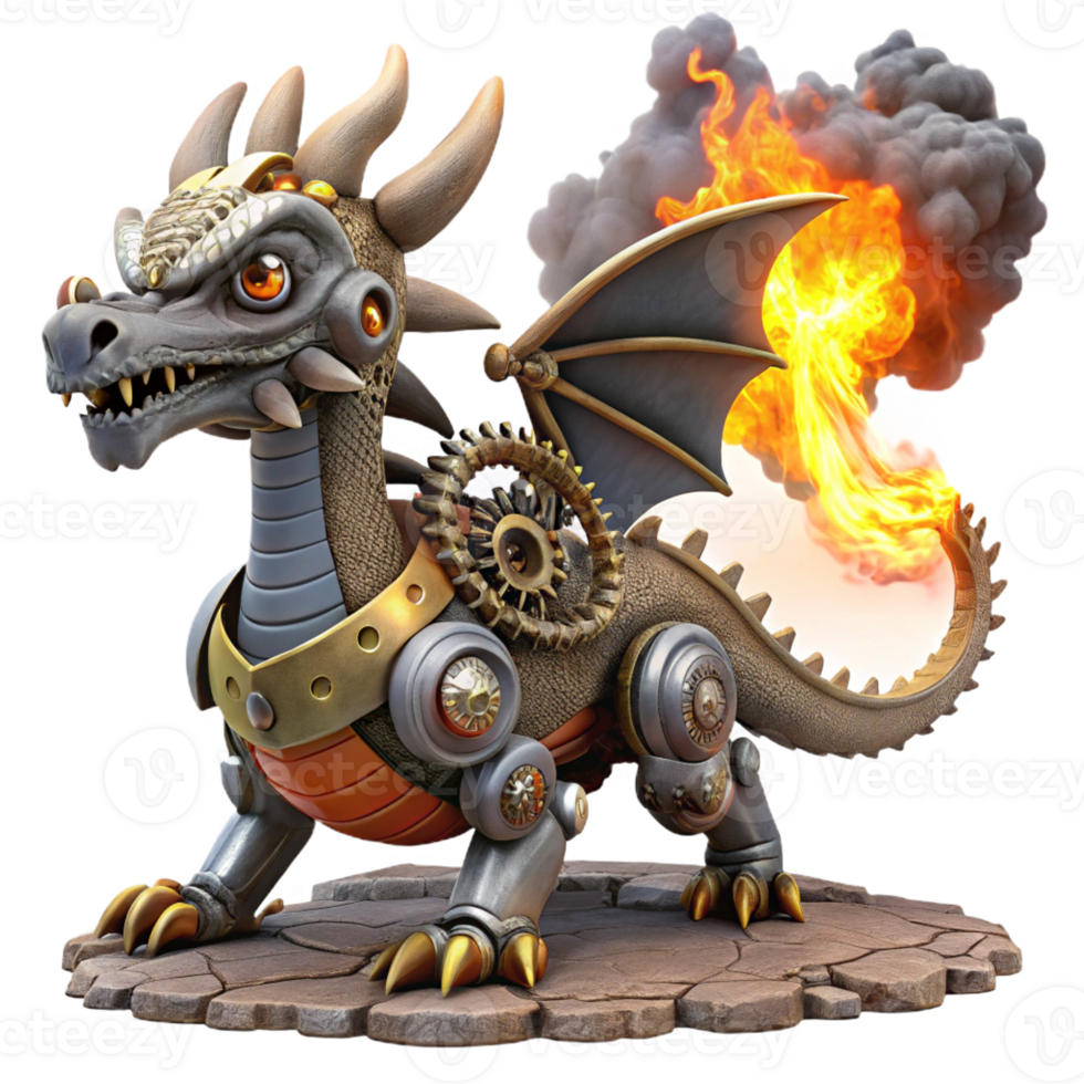 beautiful rustic A steampunk dragon, crafted from gears and cogs, breathing steam and fire, illuminated by the dramatic light of a volcanic eruption. Volcanic lighting, fantasy art style high quality png