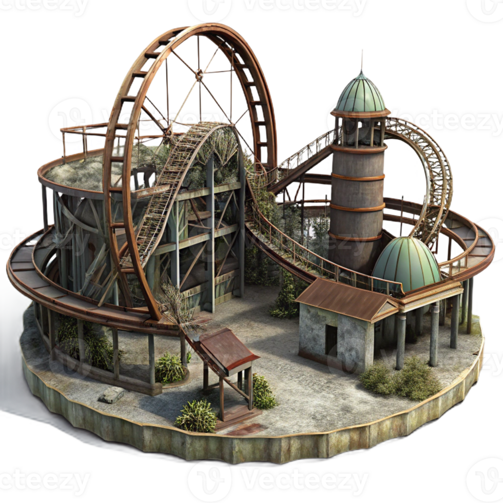vibrant rustic An abandoned amusement park with rusty roller coasters and decaying buildings, eerie and atmospheric detailed png
