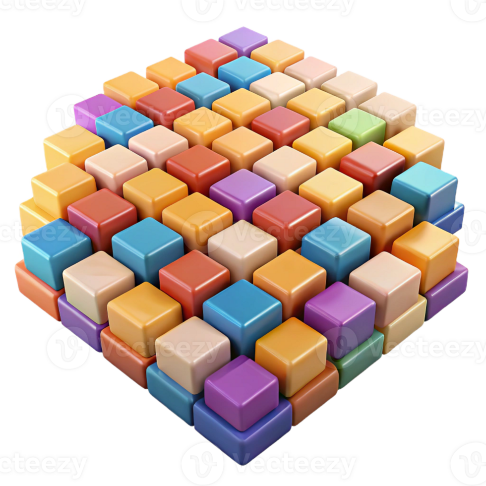 vibrant contemporary A field of pixelated, multi-colored squares arranged in a chaotic, non-repeating pattern, illuminated by a bright, flat light professional png
