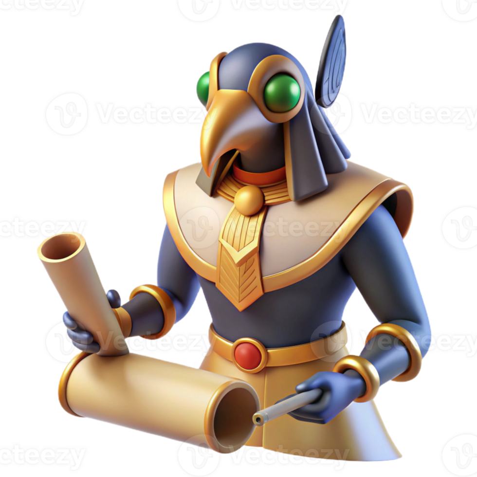 extraordinary modern A wise Thoth, the ibis-headed god of writing, recording events on a papyrus scroll, detailed hieroglyphic style high quality png