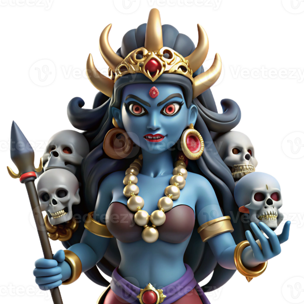 serene contemporary A fierce Kali, the Hindu goddess of destruction, adorned with skulls and wielding a sword, dark and intense style original png