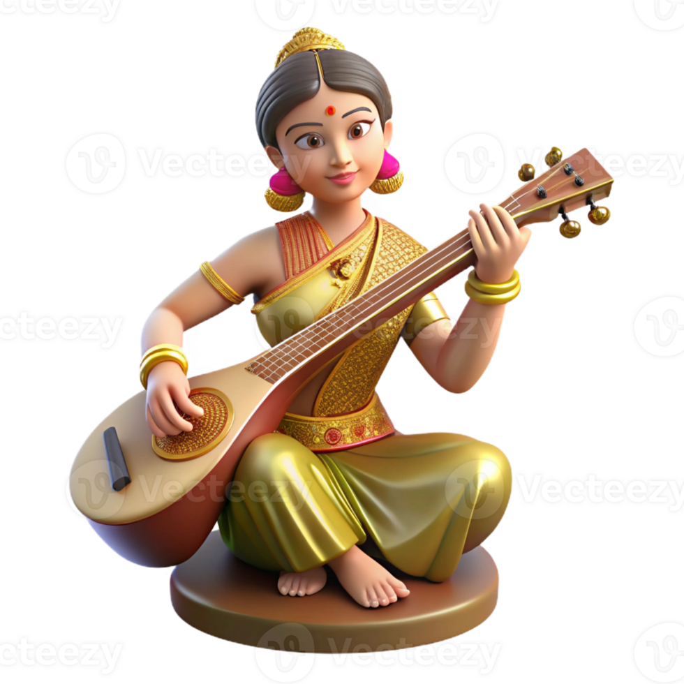 dramatic artistic A serene Saraswati, the Hindu goddess of knowledge, playing a veena, elegant and peaceful style original png