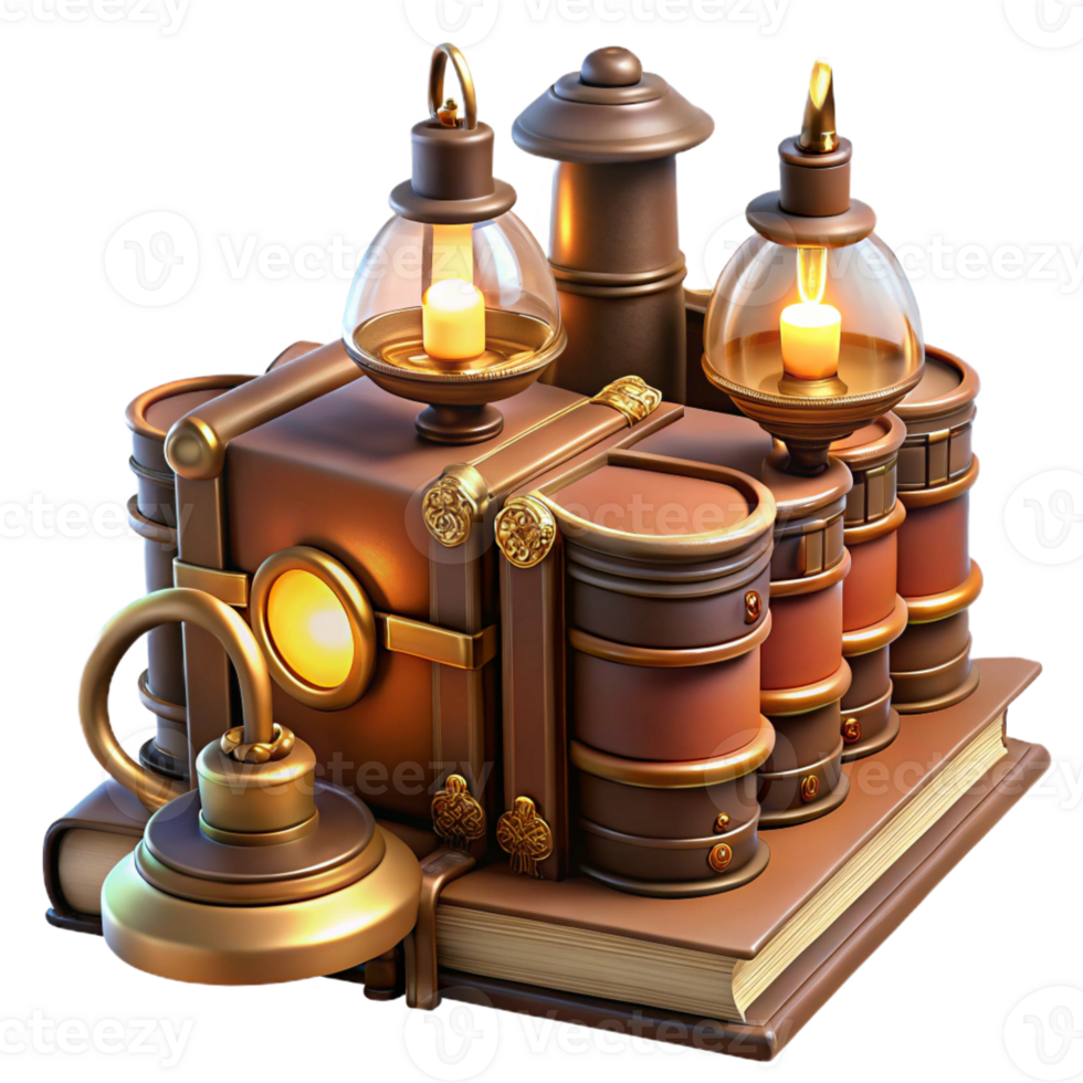 serene abstract A grand steampunk library filled with leather-bound books and brass reading lamps, lit by warm candlelight, Victorian style authentic png