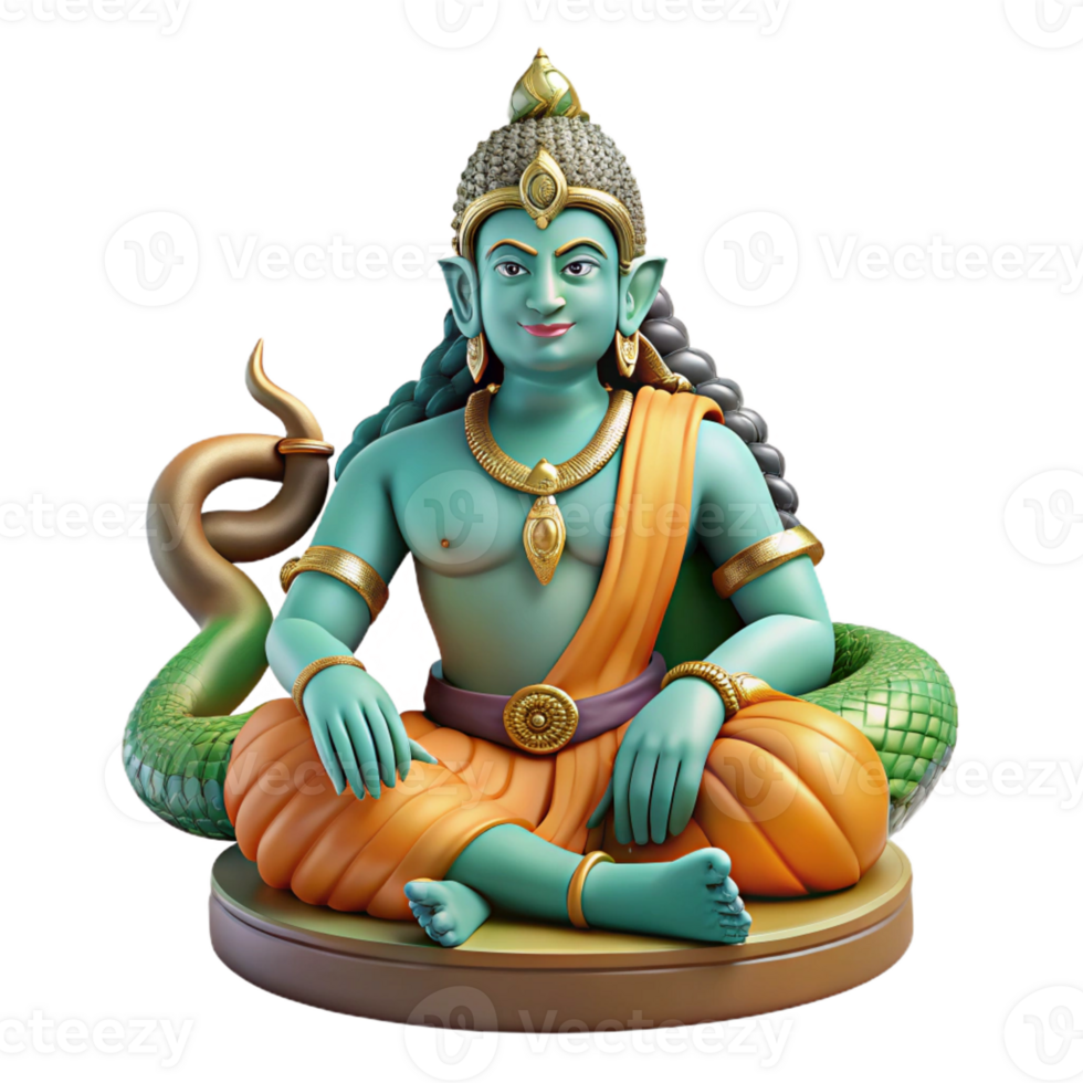 impressive modern A powerful Vishnu, the preserver god, reclining on the cosmic serpent Shesha, intricate Hindu art style exclusive png