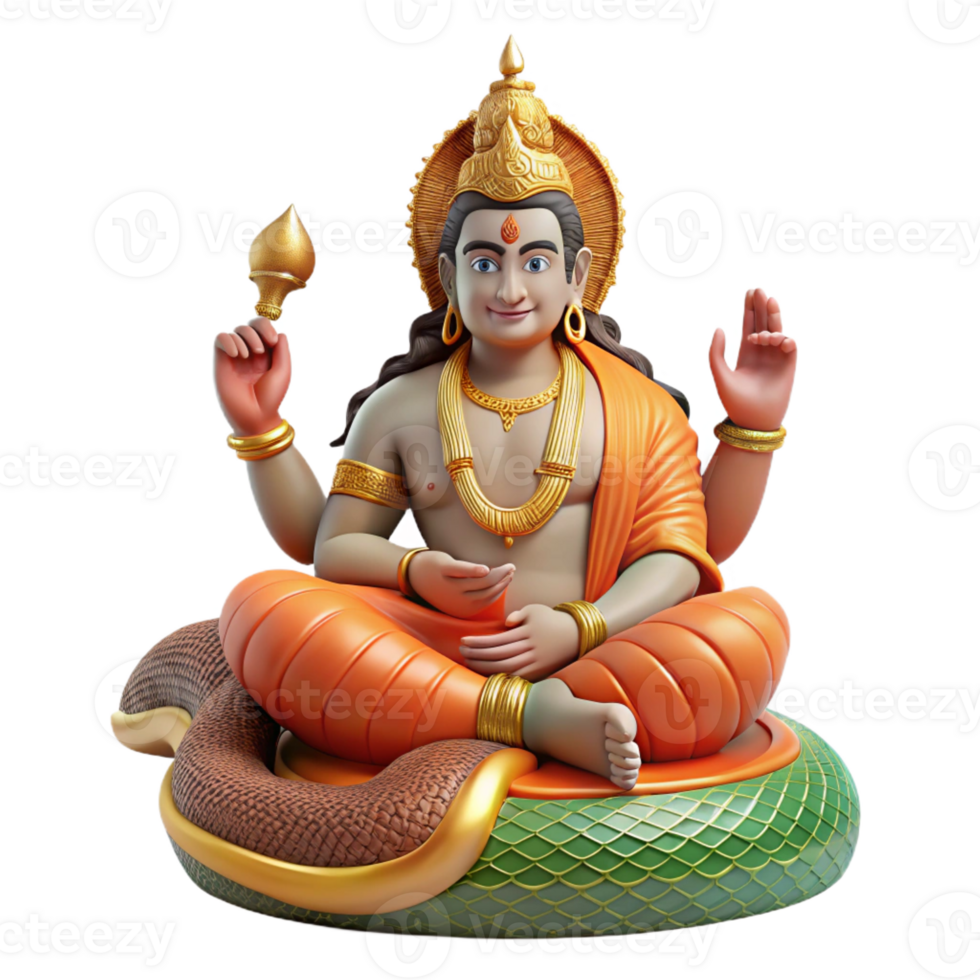 wonderful rustic A powerful Vishnu, the preserver god, reclining on the cosmic serpent Shesha, intricate Hindu art style high quality png