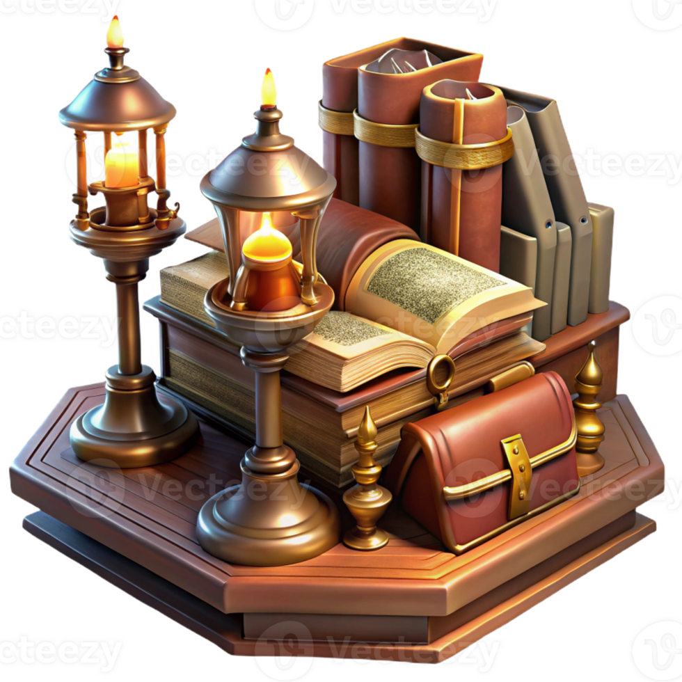 serene contemporary A grand steampunk library filled with leather-bound books and brass reading lamps, lit by warm candlelight, Victorian style 4K png