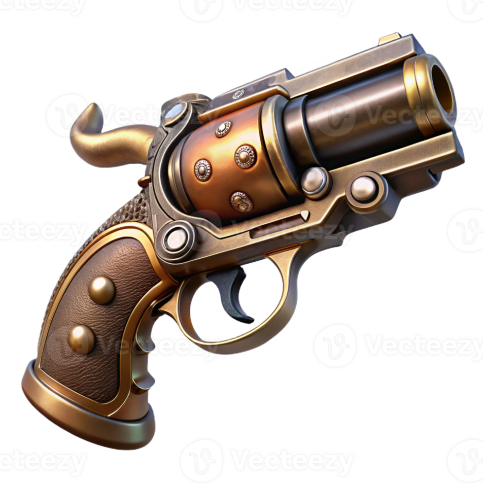 impressive artistic A sleek steampunk pistol with intricate engravings and a pearl handle, lying on a mahogany table, sharp lighting, film noir style high resolution png