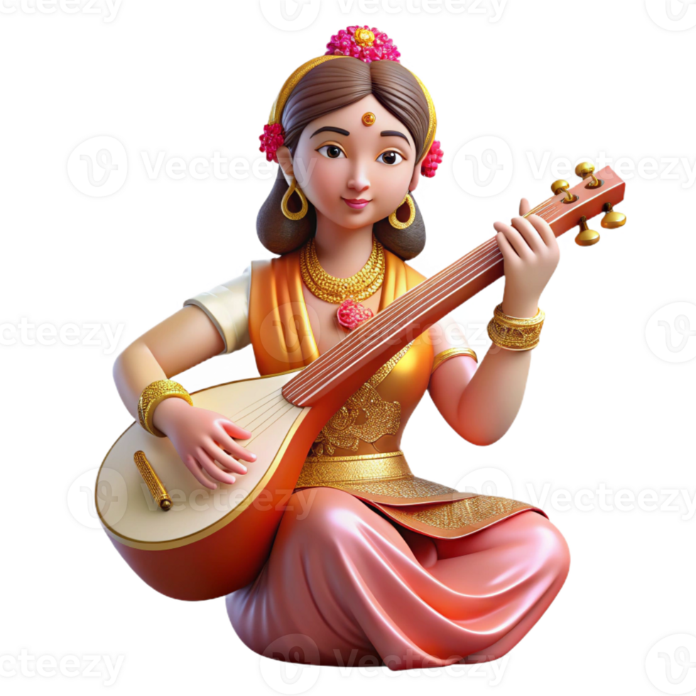 stunning traditional A serene Saraswati, the Hindu goddess of knowledge, playing a veena, elegant and peaceful style genuine png
