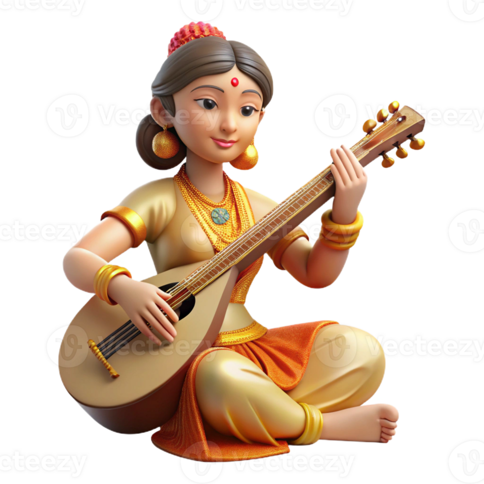 serene vintage A serene Saraswati, the Hindu goddess of knowledge, playing a veena, elegant and peaceful style genuine png