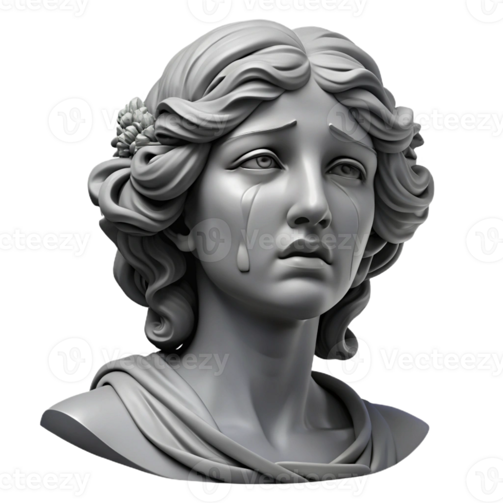 stunning vintage A weeping Niobe transformed into stone, grayscale, classical sculpture style high quality png