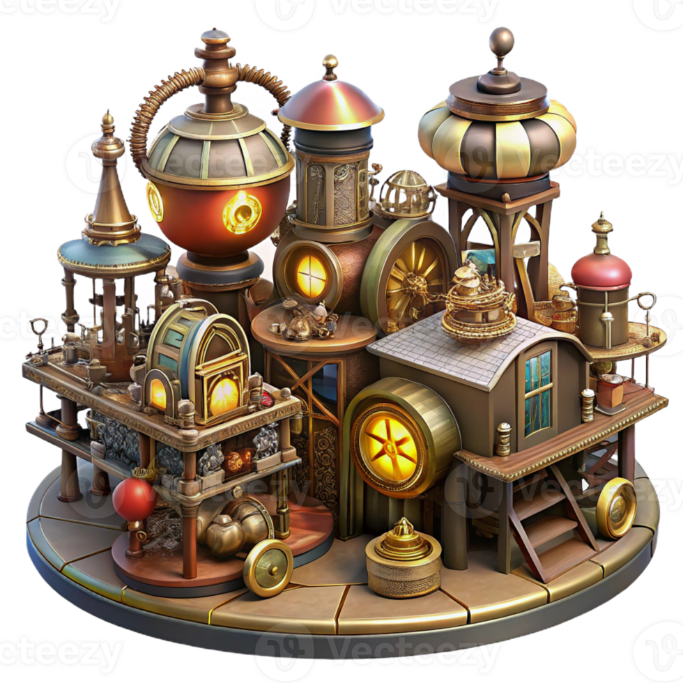 serene abstract A bustling steampunk marketplace, filled with intricate clockwork contraptions and automatons, vibrant gaslight illumination, highly detailed, Art Nouveau style high resolution png