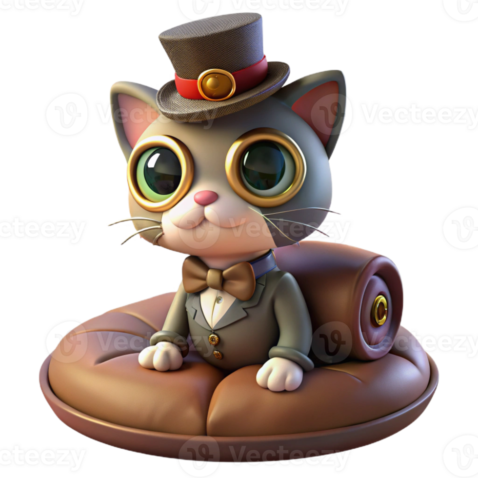 elegant minimalist A portrait of a steampunk cat wearing a monocle and a tiny top hat, sitting on a velvet cushion, soft, warm lighting professional png