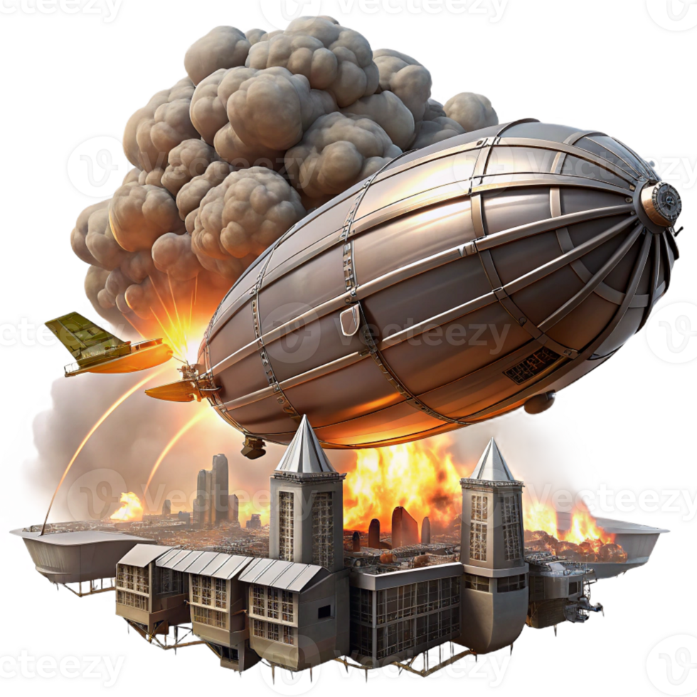 extraordinary abstract A steampunk airship battle over a futuristic city, explosions and smoke filling the sky, dynamic, action-packed, Syd Mead style high quality png
