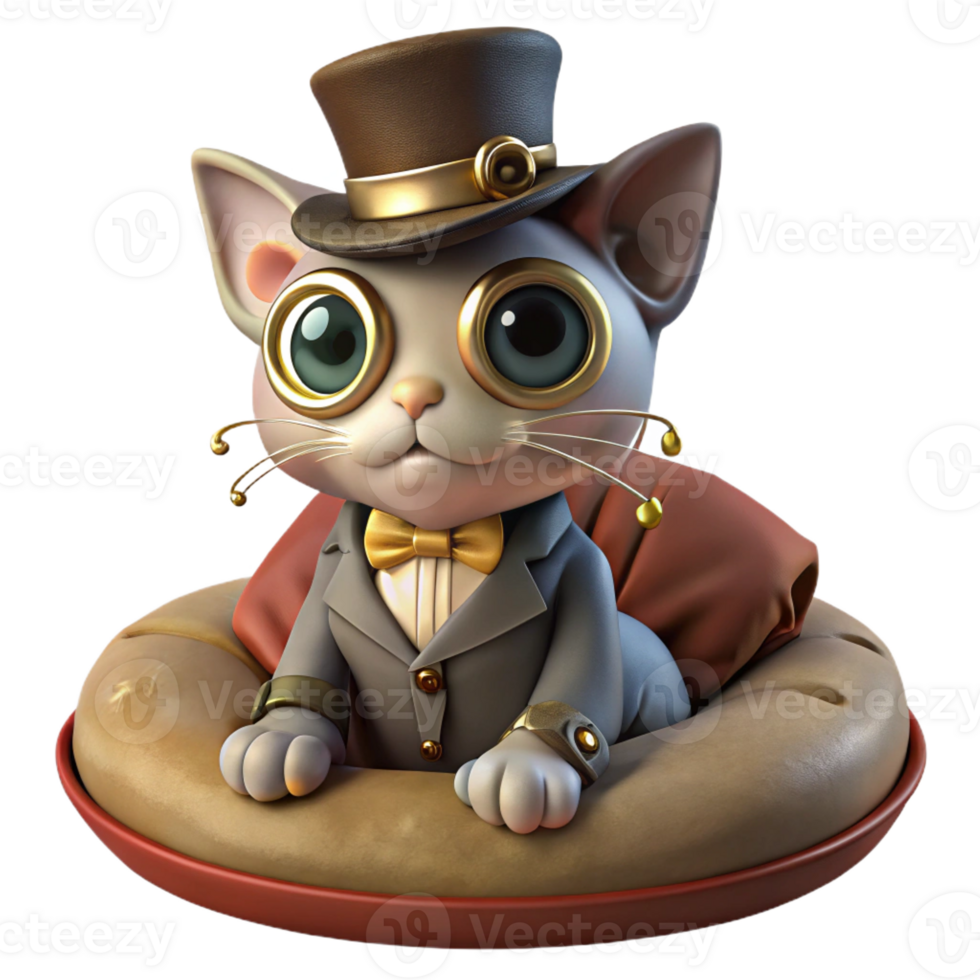 serene rustic A portrait of a steampunk cat wearing a monocle and a tiny top hat, sitting on a velvet cushion, soft, warm lighting 4K png