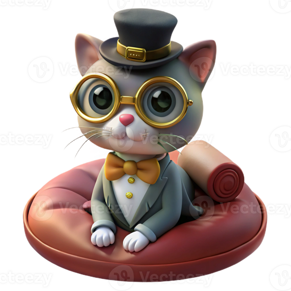 vibrant contemporary A portrait of a steampunk cat wearing a monocle and a tiny top hat, sitting on a velvet cushion, soft, warm lighting original png