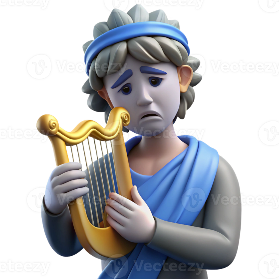 beautiful rustic A grieving Orpheus playing his lyre for Eurydice, somber blue and gray color palette, symbolist painting style exclusive png