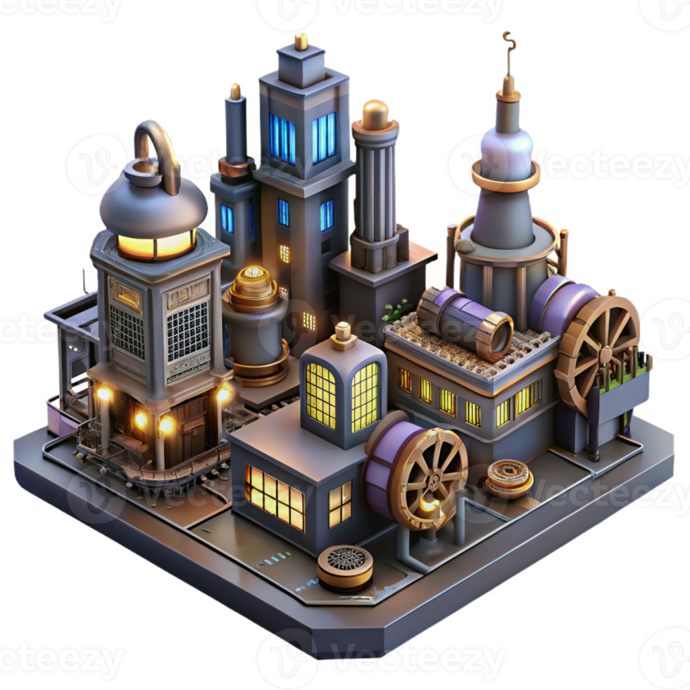 vibrant creative A steampunk cityscape, with towering buildings adorned with gears and pipes, illuminated by gaslights and neon signs, cyberpunk influences, isometric view high resolution png
