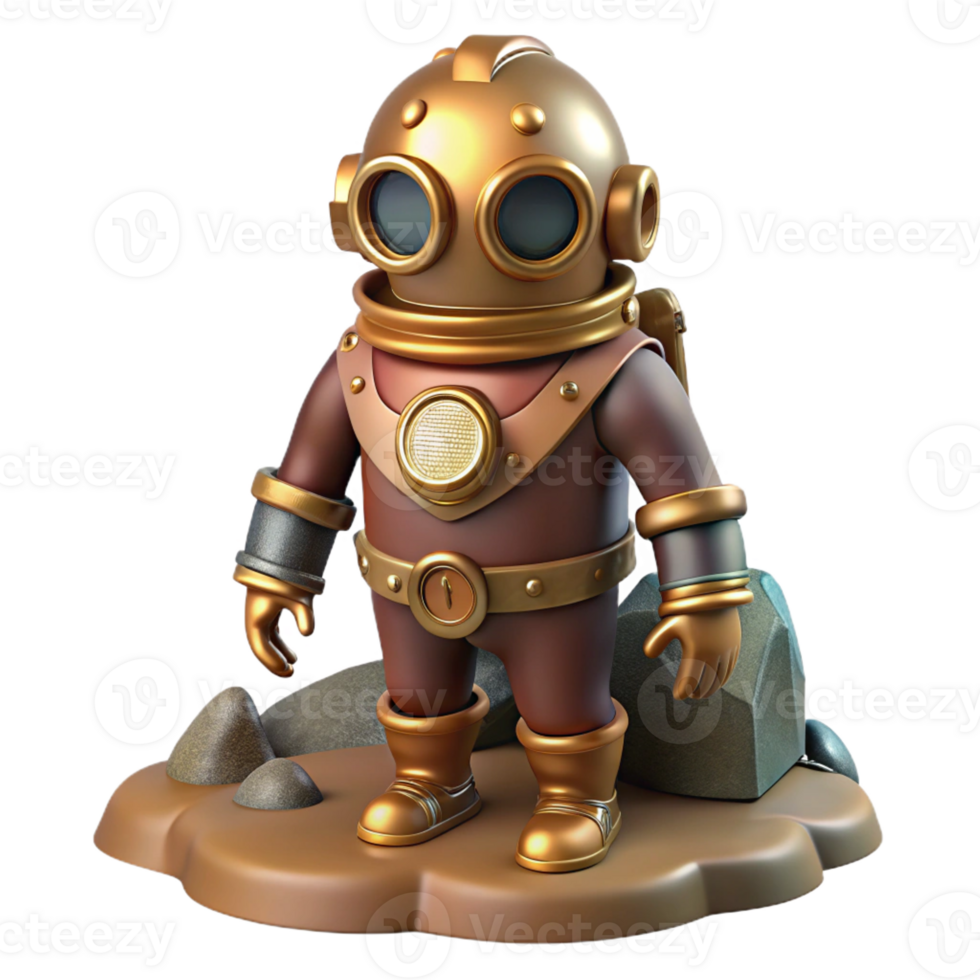 impressive artistic A steampunk diving suit, with brass helmet and riveted leather, standing on a rocky seabed, underwater lighting, realistic style high quality png