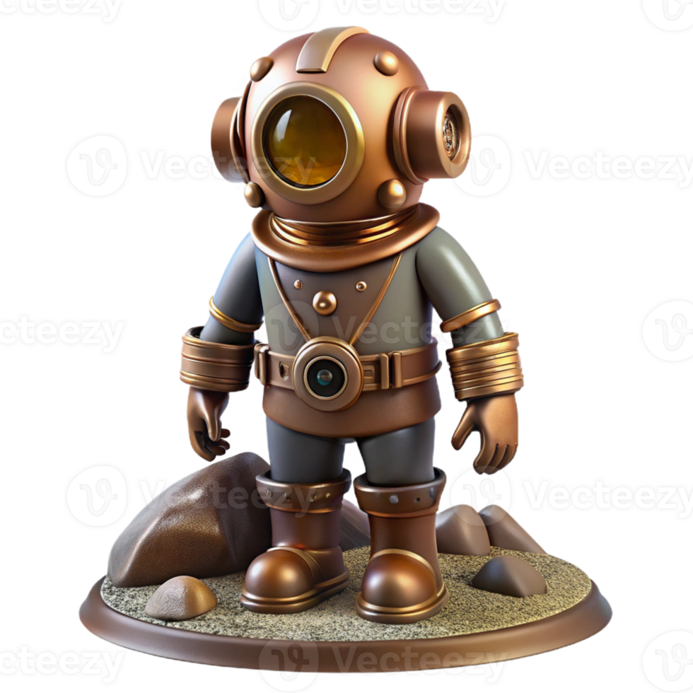 vibrant artistic A steampunk diving suit, with brass helmet and riveted leather, standing on a rocky seabed, underwater lighting, realistic style high quality png