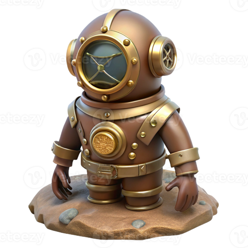 serene vintage A steampunk diving suit, with brass helmet and riveted leather, standing on a rocky seabed, underwater lighting, realistic style professional png