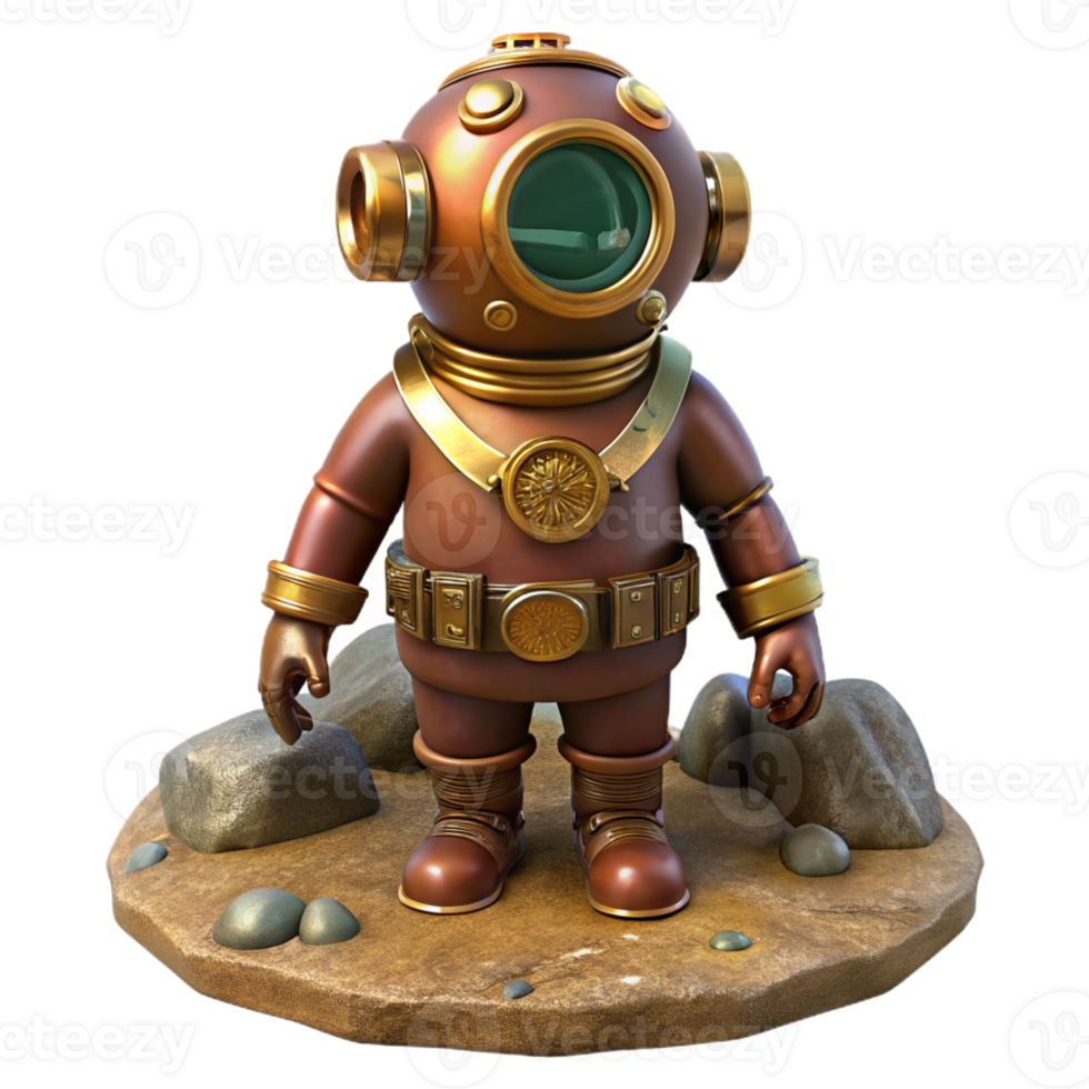 magnificent artistic A steampunk diving suit, with brass helmet and riveted leather, standing on a rocky seabed, underwater lighting, realistic style professional png