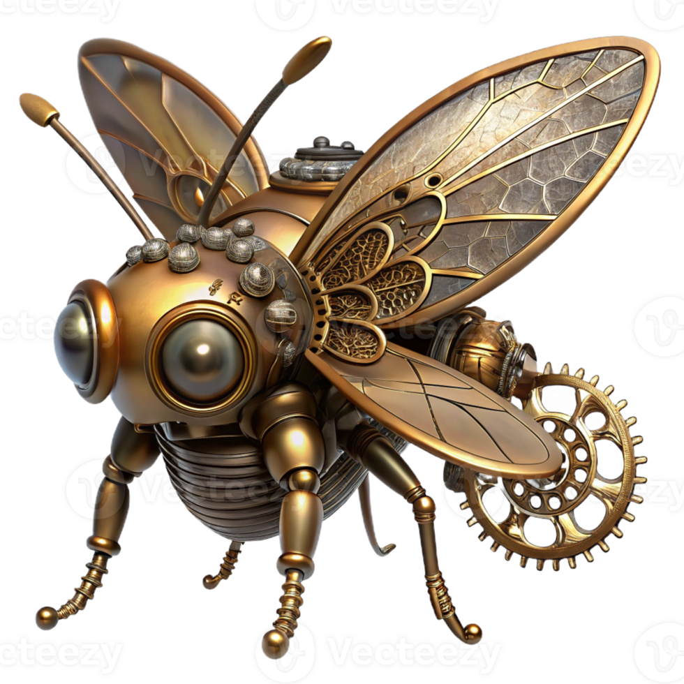 magnificent modern A highly detailed steampunk insect, with brass wings and gears for legs, perched on a cog, dramatic spotlighting, photorealistic style exclusive png