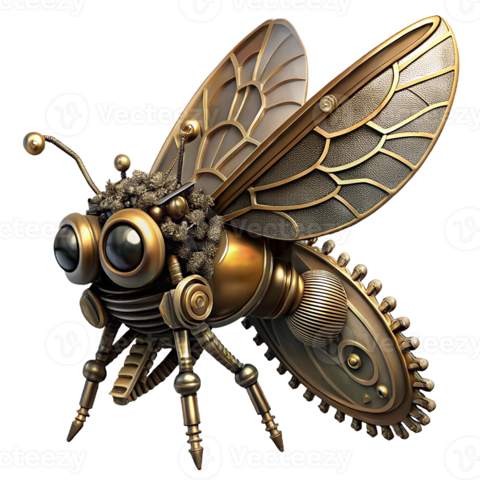 vibrant artistic A highly detailed steampunk insect, with brass wings and gears for legs, perched on a cog, dramatic spotlighting, photorealistic style high resolution png