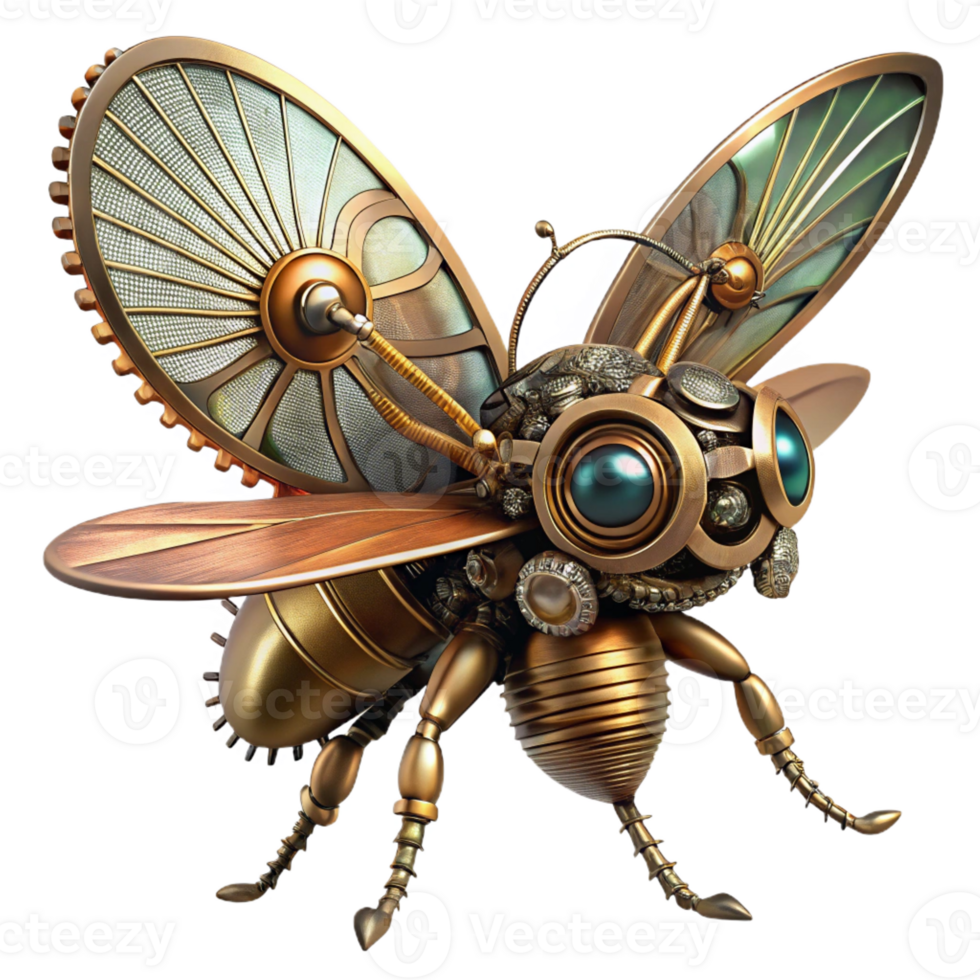 vibrant rustic A highly detailed steampunk insect, with brass wings and gears for legs, perched on a cog, dramatic spotlighting, photorealistic style authentic png
