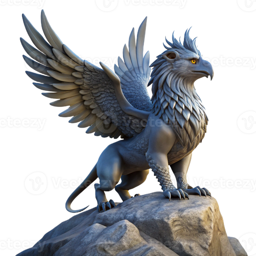 magnificent abstract A majestic griffin perched on a mountain peak, dramatic backlighting, fantasy art style premium png