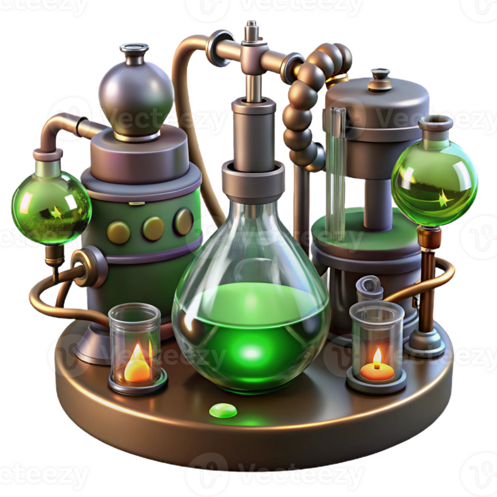 serene abstract A steampunk laboratory filled with bubbling beakers, sparking wires, and strange contraptions, eerie green lighting, mad scientist theme original png
