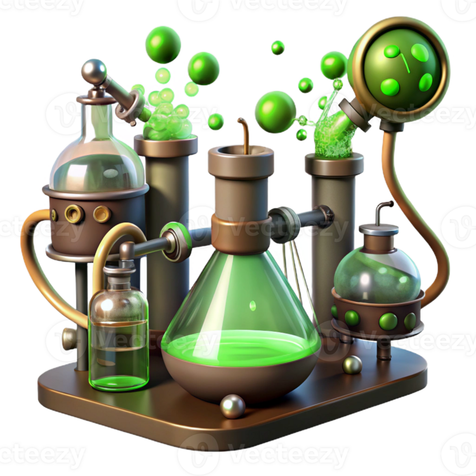 serene artistic A steampunk laboratory filled with bubbling beakers, sparking wires, and strange contraptions, eerie green lighting, mad scientist theme high quality png