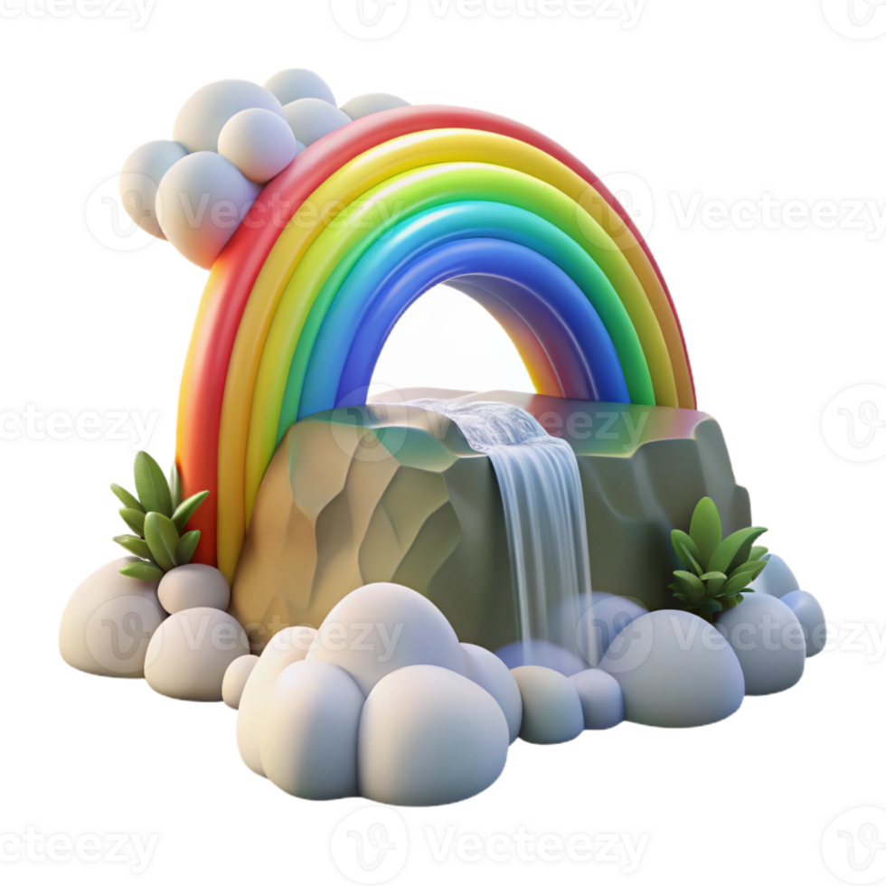 dramatic rustic A vibrant rainbow arcing over a misty waterfall, illuminated by the bright sunlight after a rain shower, in a romantic, painterly style original png