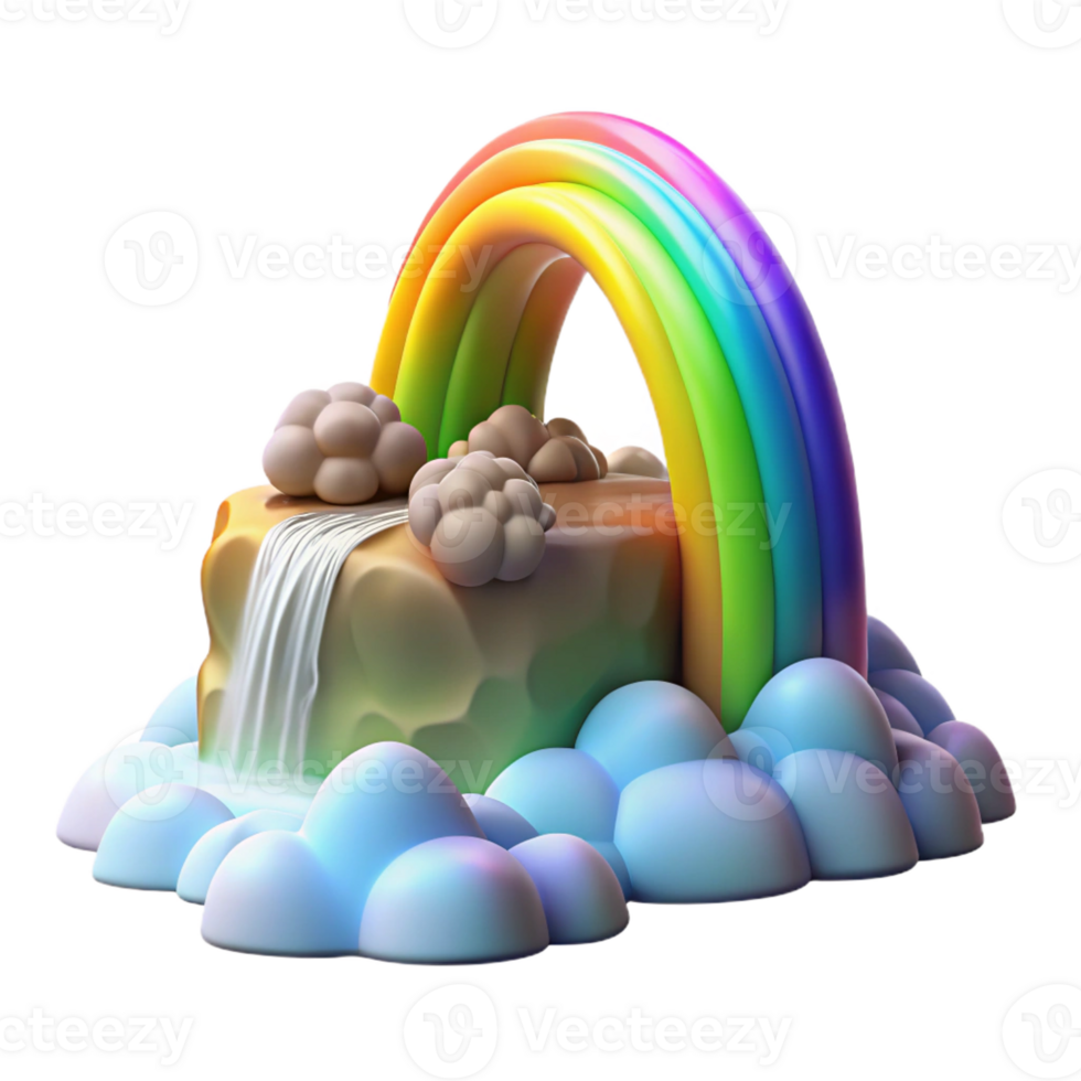 impressive rustic A vibrant rainbow arcing over a misty waterfall, illuminated by the bright sunlight after a rain shower, in a romantic, painterly style premium png