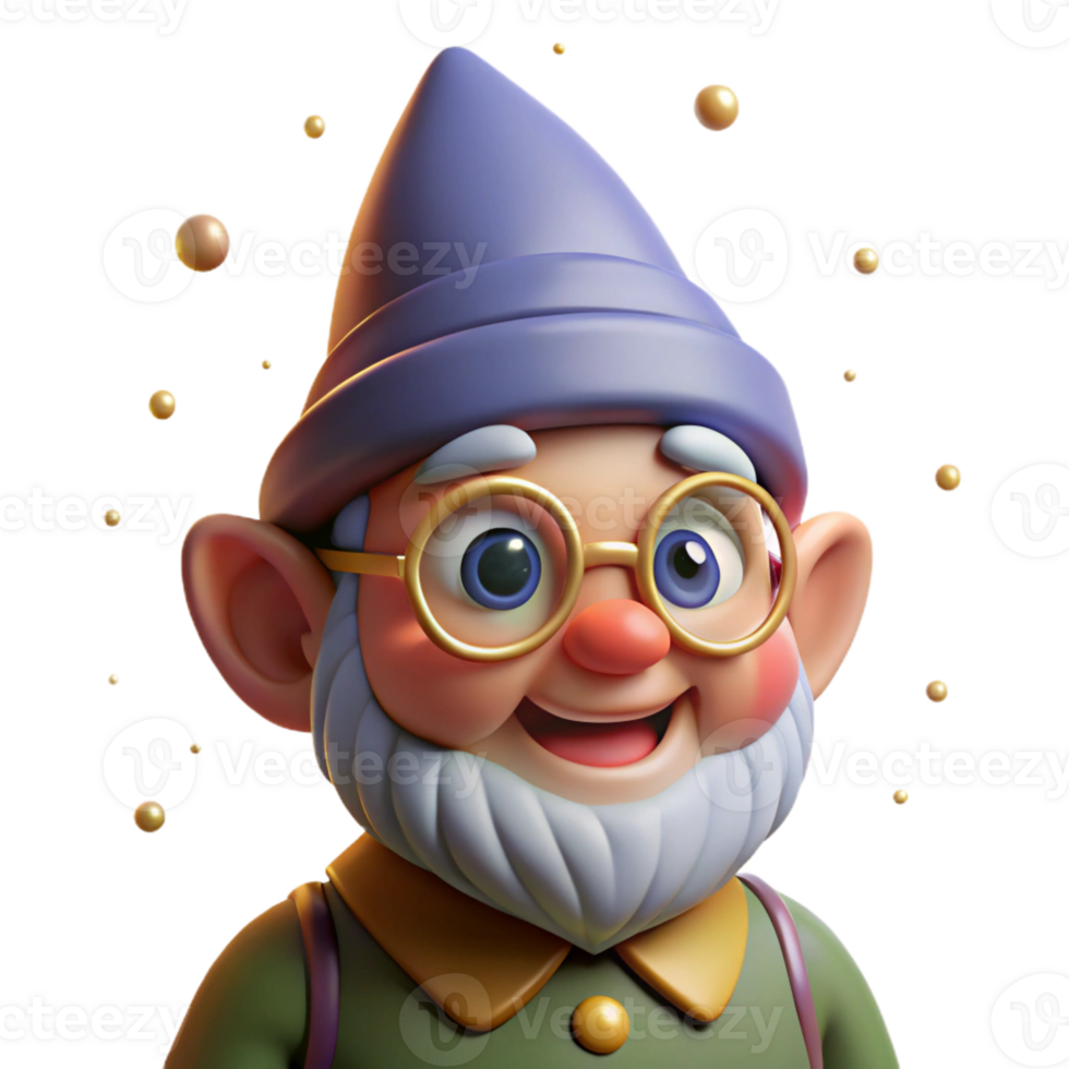 serene abstract A whimsical portrait of a smiling gnome with oversized glasses, surrounded by fireflies, soft lighting, storybook illustration style genuine png