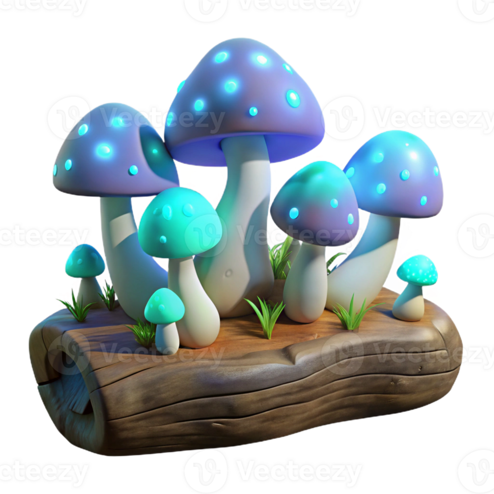 impressive creative A cluster of glowing mushrooms growing on a decaying log in a dark forest, lit by their own bioluminescence, in a fantasy art style high resolution png