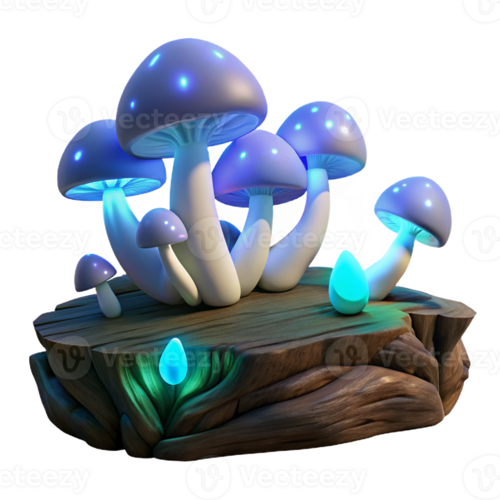 magnificent abstract A cluster of glowing mushrooms growing on a decaying log in a dark forest, lit by their own bioluminescence, in a fantasy art style professional png