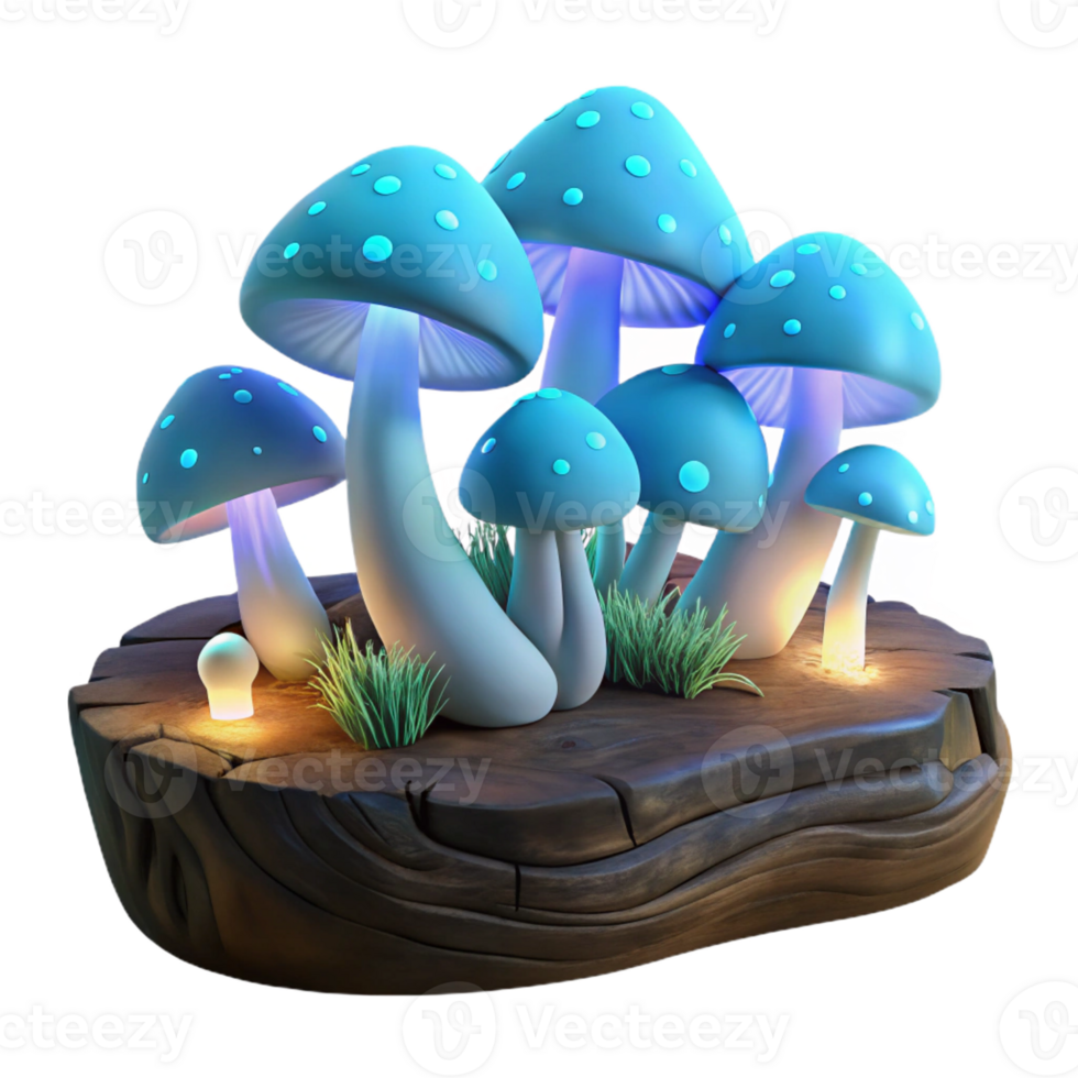 stunning vintage A cluster of glowing mushrooms growing on a decaying log in a dark forest, lit by their own bioluminescence, in a fantasy art style high resolution png