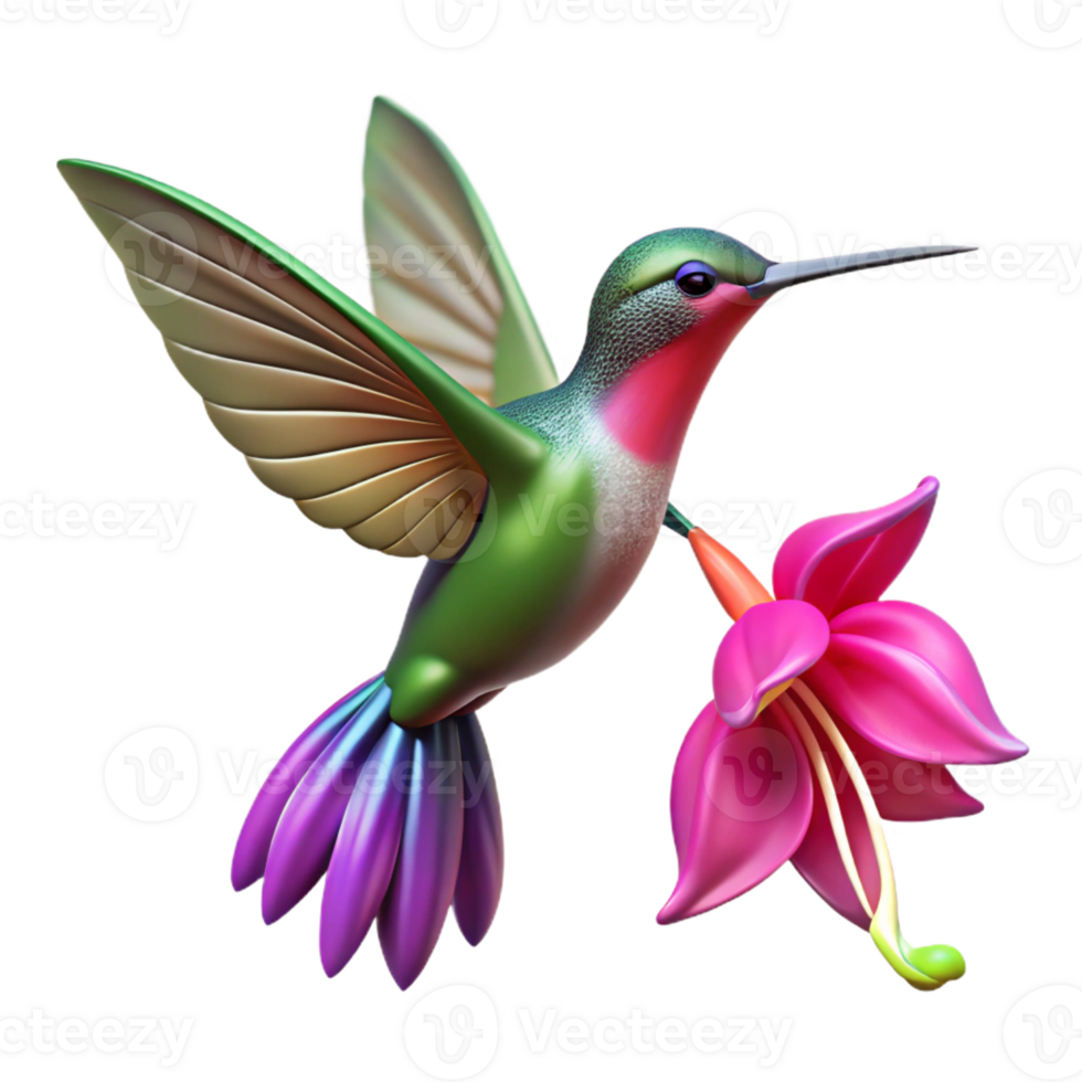 vibrant artistic A hummingbird hovering near a vibrant fuchsia flower, illuminated by dappled sunlight, in a hyperrealistic style with motion blur premium png