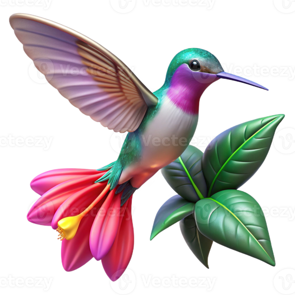 wonderful minimalist A hummingbird hovering near a vibrant fuchsia flower, illuminated by dappled sunlight, in a hyperrealistic style with motion blur professional png