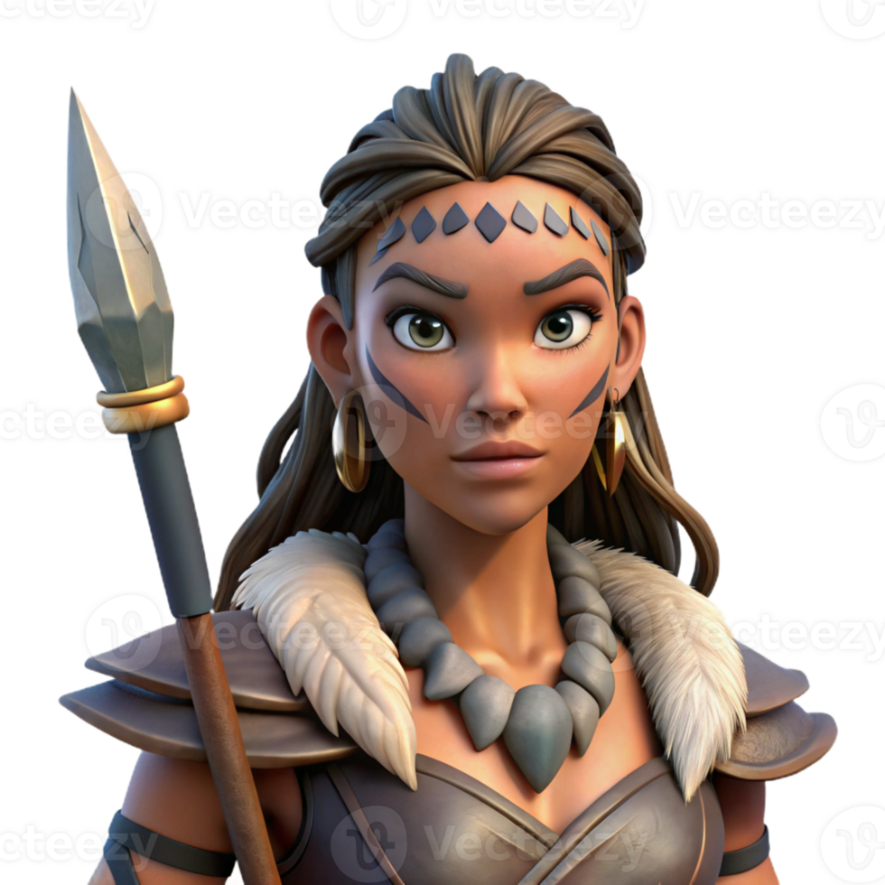 extraordinary abstract A portrait of a fierce warrior woman with tribal markings, holding a spear, dynamic lighting, digital painting style exclusive png