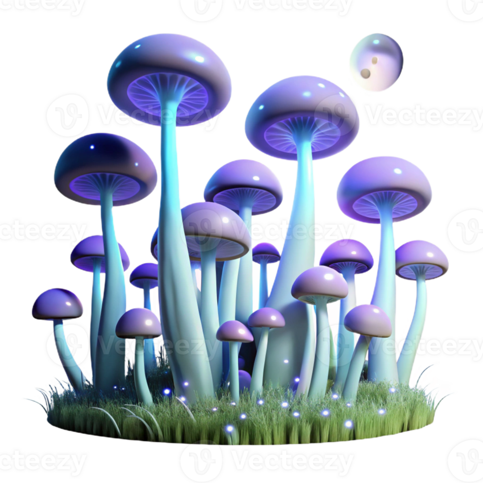 beautiful creative A field of tall, slender, bioluminescent fungi glowing in the dark, under a moonlit sky premium png